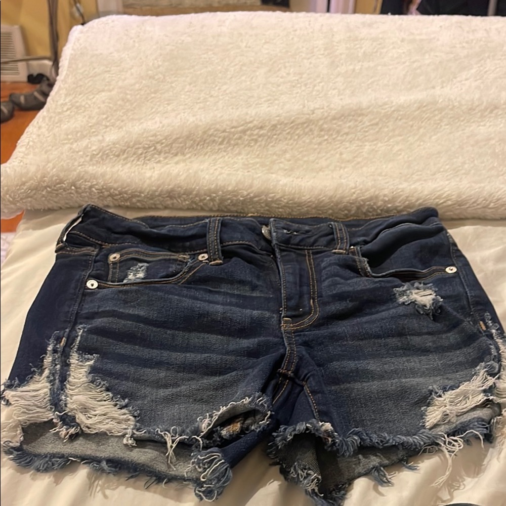 American Eagle Outfitters Dark Blue Distressed Jean Shorts